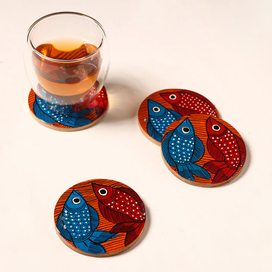 Bengal Patua Handpainted Akashmoni Wooden Coasters (Set of 4) 09