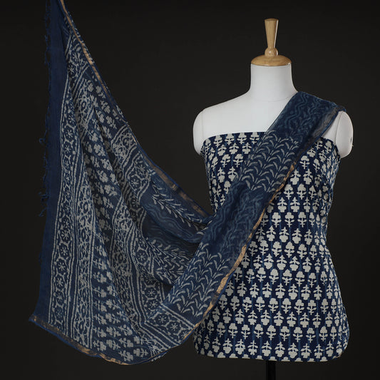 Blue - 3pc Indigo Block Printed Cotton Suit Material with Kota Doria Dupatta