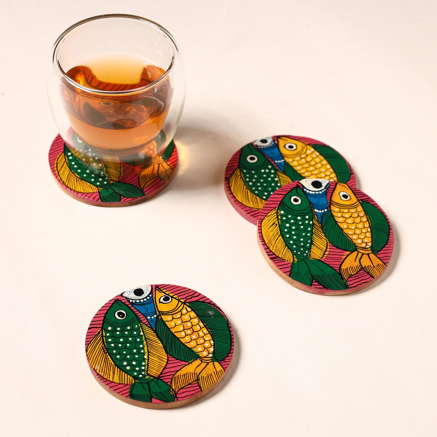 Bengal Patua Handpainted Akashmoni Wooden Coasters (Set of 4) 12