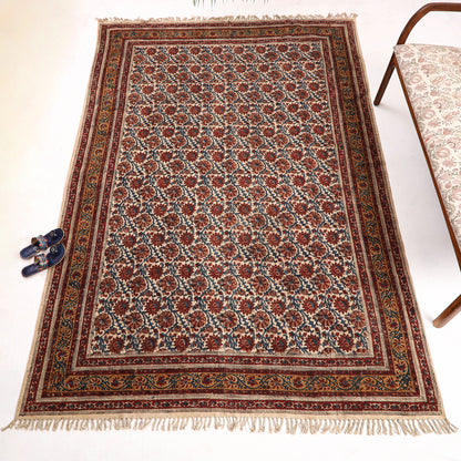 Warangal Weave Kalamkari Block Printed Cotton Durrie / Carpet / Rug (110 x 73 in)