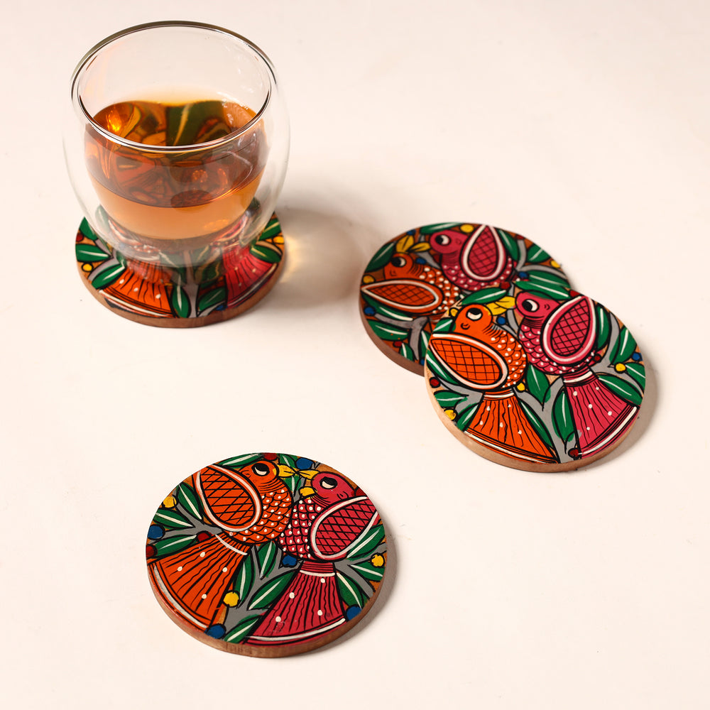 Bengal Patua Handpainted Akashmoni Wooden Coasters (Set of 4) 21