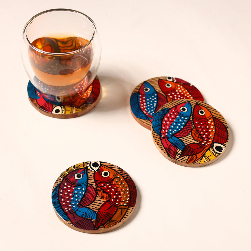 Bengal Patua Handpainted Akashmoni Wooden Coasters (Set of 4) 22