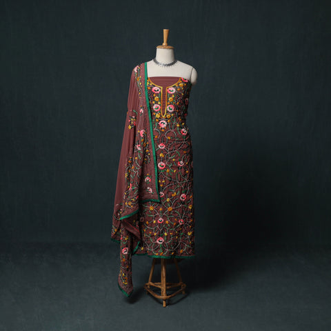 Brown - Hand Embroidered Georgette 3pc Unstitched Dress Material Suit Set 14