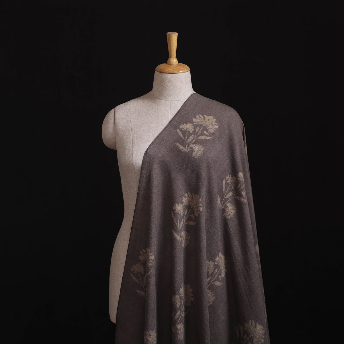 Grey - Pure Handwoven Merino Wool Fabric in Akola Block Prints 09