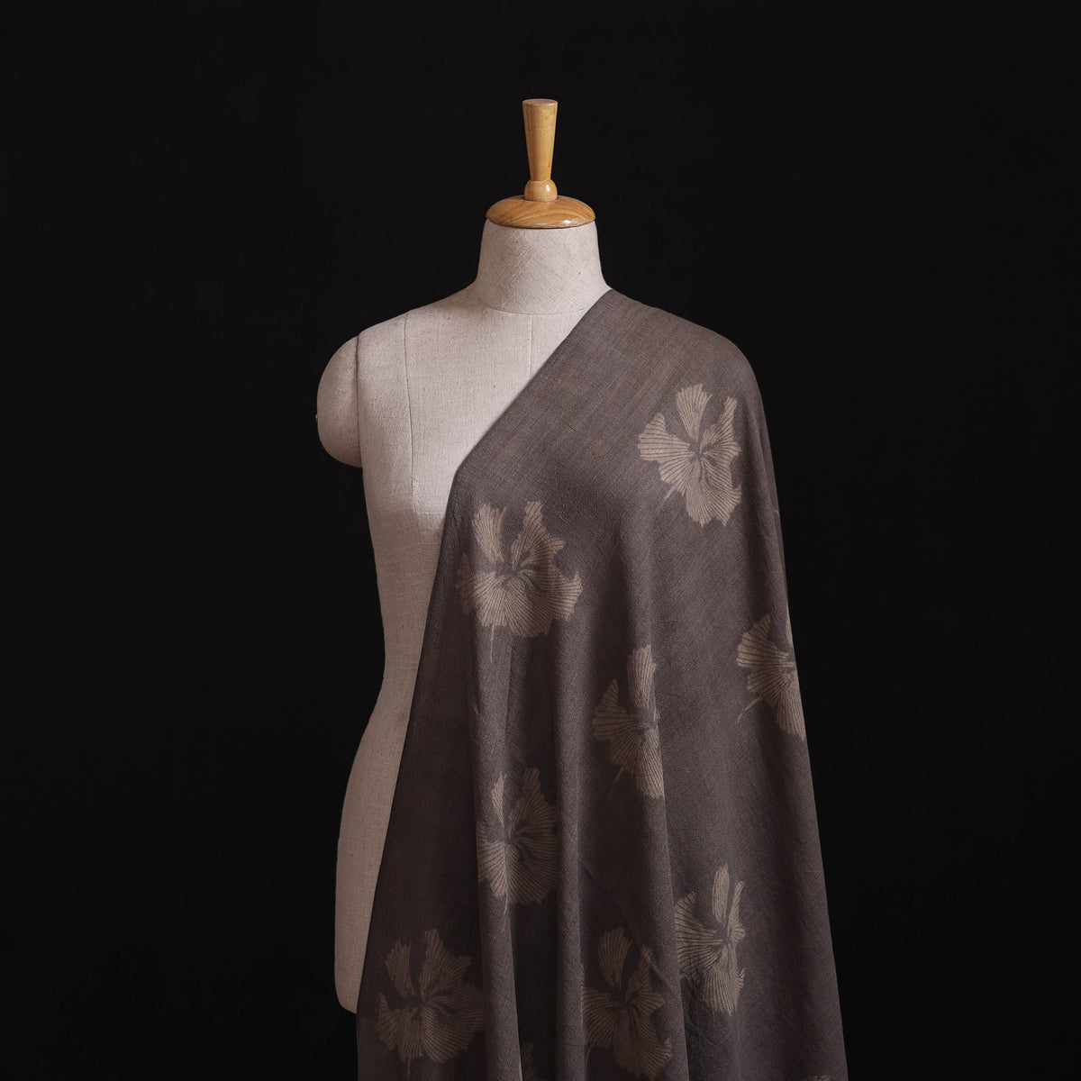Grey - Pure Handwoven Merino Wool Fabric in Akola Block Prints 12