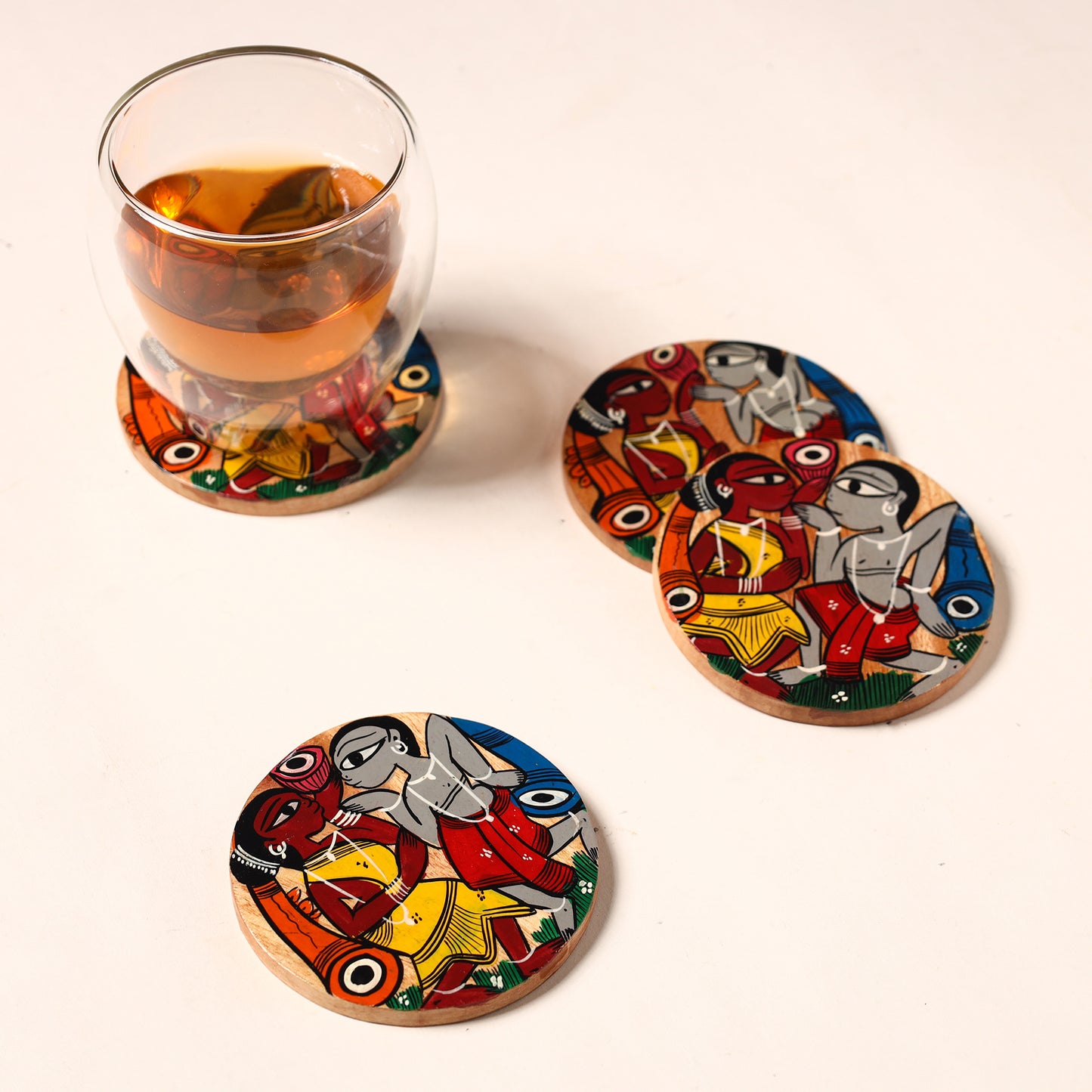 Bengal Patua Handpainted Akashmoni Wooden Coasters (Set of 4) 33