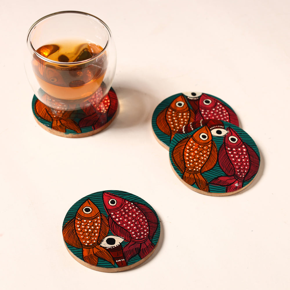 Bengal Patua Handpainted Akashmoni Wooden Coasters (Set of 4) 34