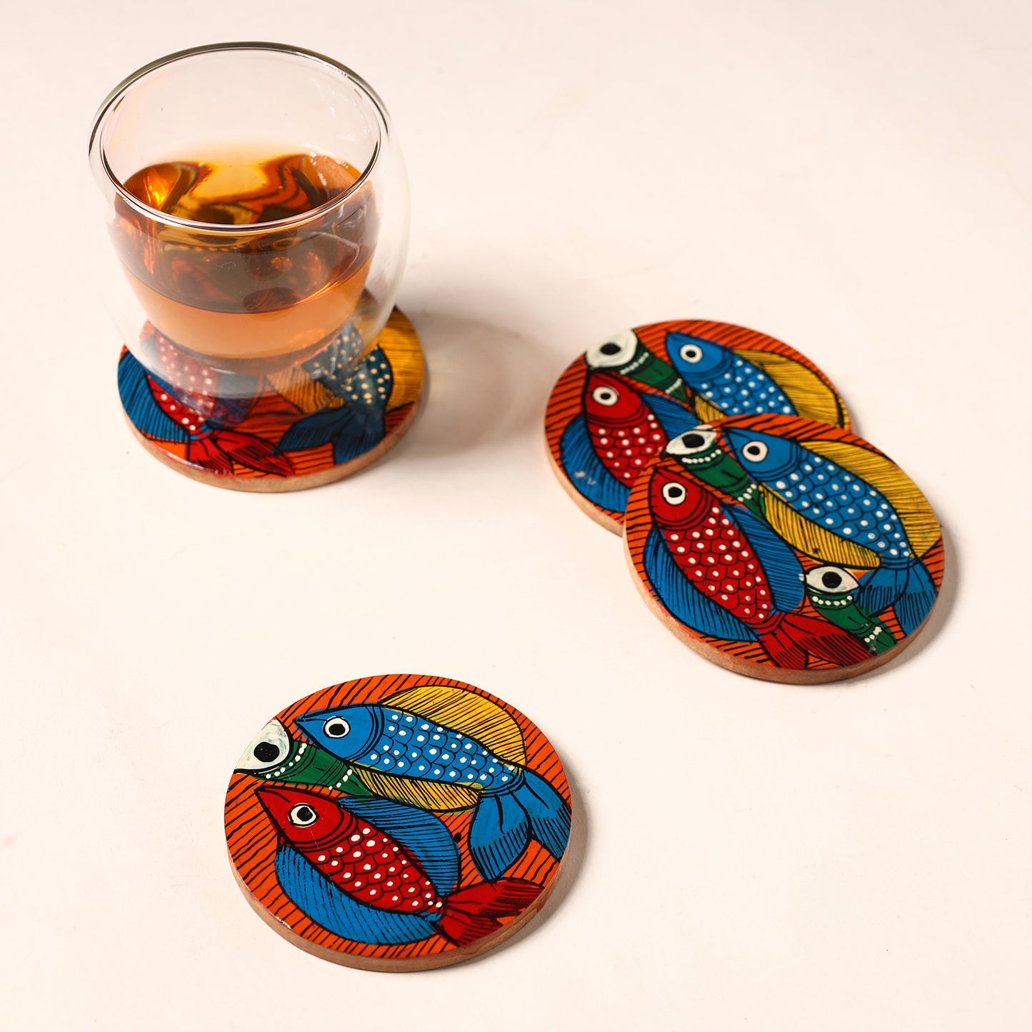 Bengal Patua Handpainted Akashmoni Wooden Coasters (Set of 4) 41