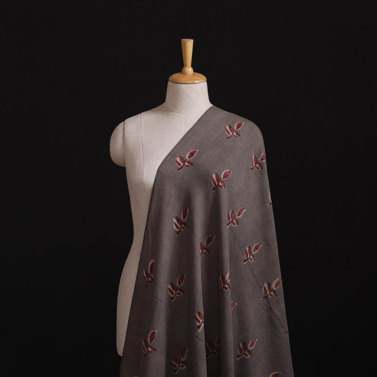 Grey - Pure Handwoven Merino Wool Fabric in Akola Block Prints 22