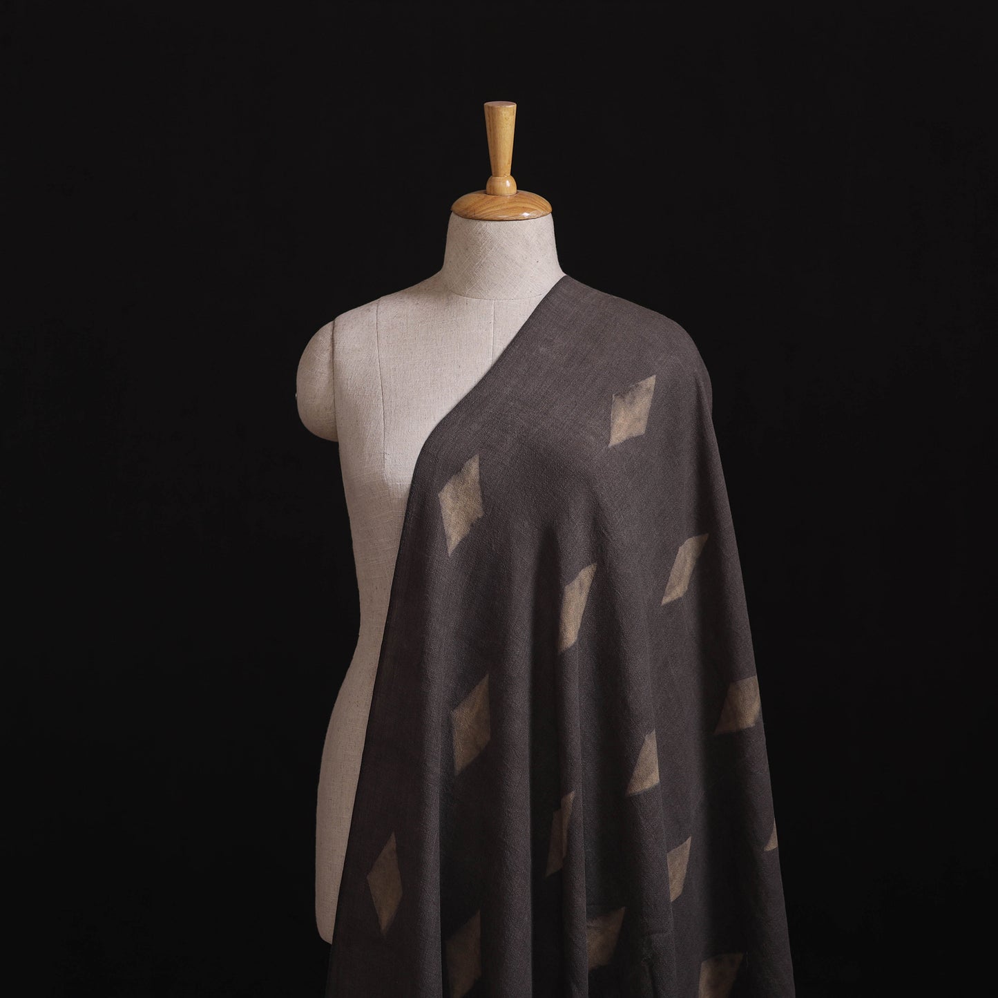 Grey - Pure Handwoven Merino Wool Fabric in Akola Block Prints 28