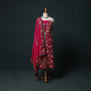 Pink - Hand Embroidered Georgette 3pc Unstitched Dress Material Suit Set 18