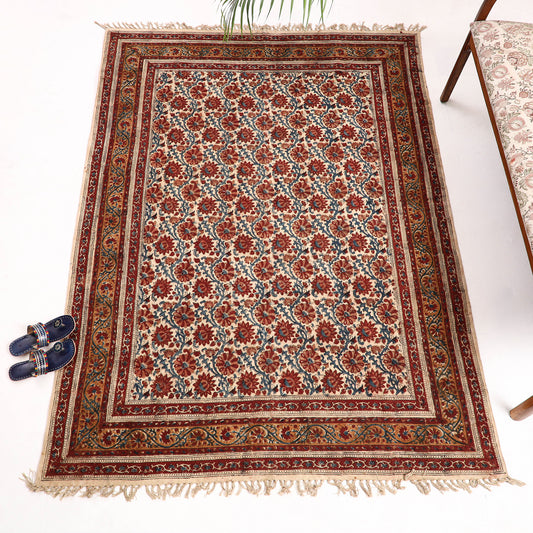 Warangal Weave Kalamkari Block Printed Cotton Durrie / Carpet / Rug (82 x 62 in)