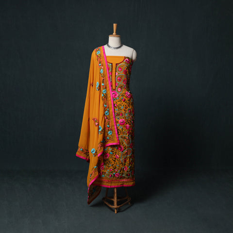 Yellow - Hand Embroidered Georgette 3pc Unstitched Dress Material Suit Set 20