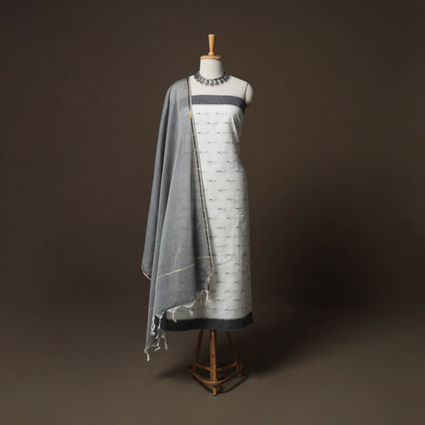 White - Jacquard Woven Pure Cotton 3pc Unstitched Dress Material Suit Set 11