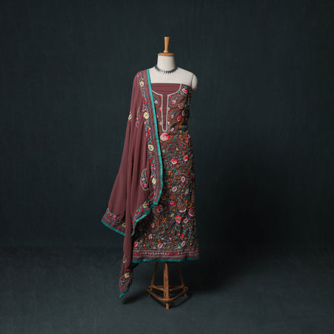 Brown - Hand Embroidered Georgette 3pc Unstitched Dress Material Suit Set 22