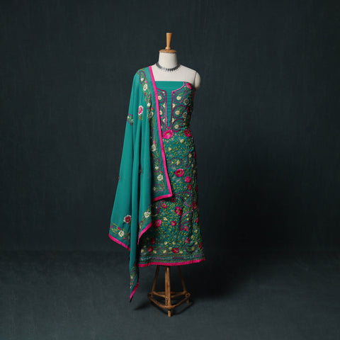 Green - Hand Embroidered Georgette 3pc Unstitched Dress Material Suit Set 25
