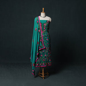 Green - Hand Embroidered Georgette 3pc Unstitched Dress Material Suit Set 26