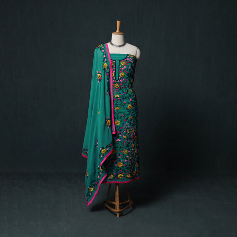 Green - Hand Embroidered Georgette 3pc Unstitched Dress Material Suit Set 27