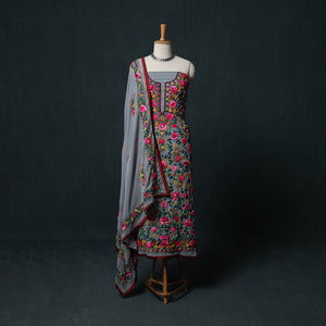 Grey - Hand Embroidered Georgette 3pc Unstitched Dress Material Suit Set 33