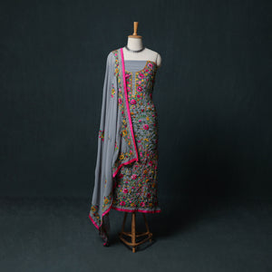 Grey - Hand Embroidered Georgette 3pc Unstitched Dress Material Suit Set 34
