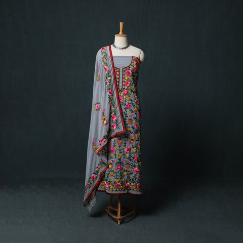 Grey - Hand Embroidered Georgette 3pc Unstitched Dress Material Suit Set 36