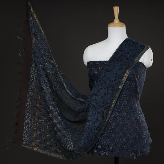 Blue - 3pc Jahota Block Printed Kota Doria Suit Material Set