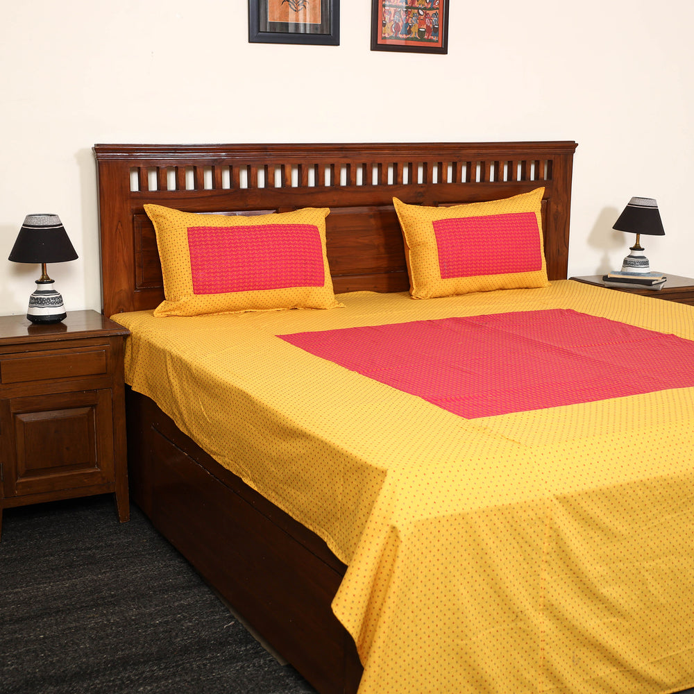 Yellow - Jacquard Patchwork Cotton Double Bed Cover with Pillow Covers (108 x 83 in) 04