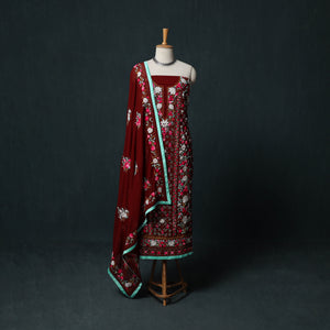 Maroon - Hand Embroidered Georgette 3pc Unstitched Dress Material Suit Set 38