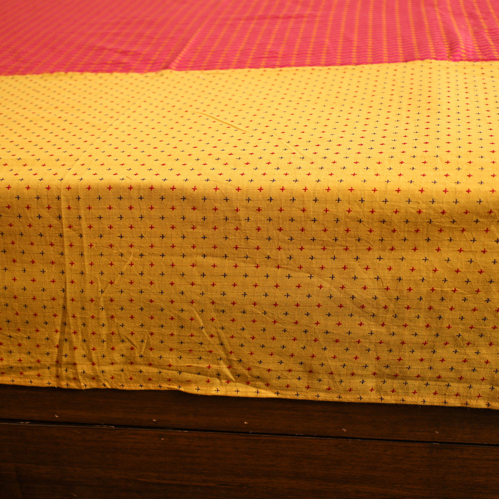 Yellow - Jacquard Patchwork Cotton Double Bed Cover with Pillow Covers (108 x 83 in) 04