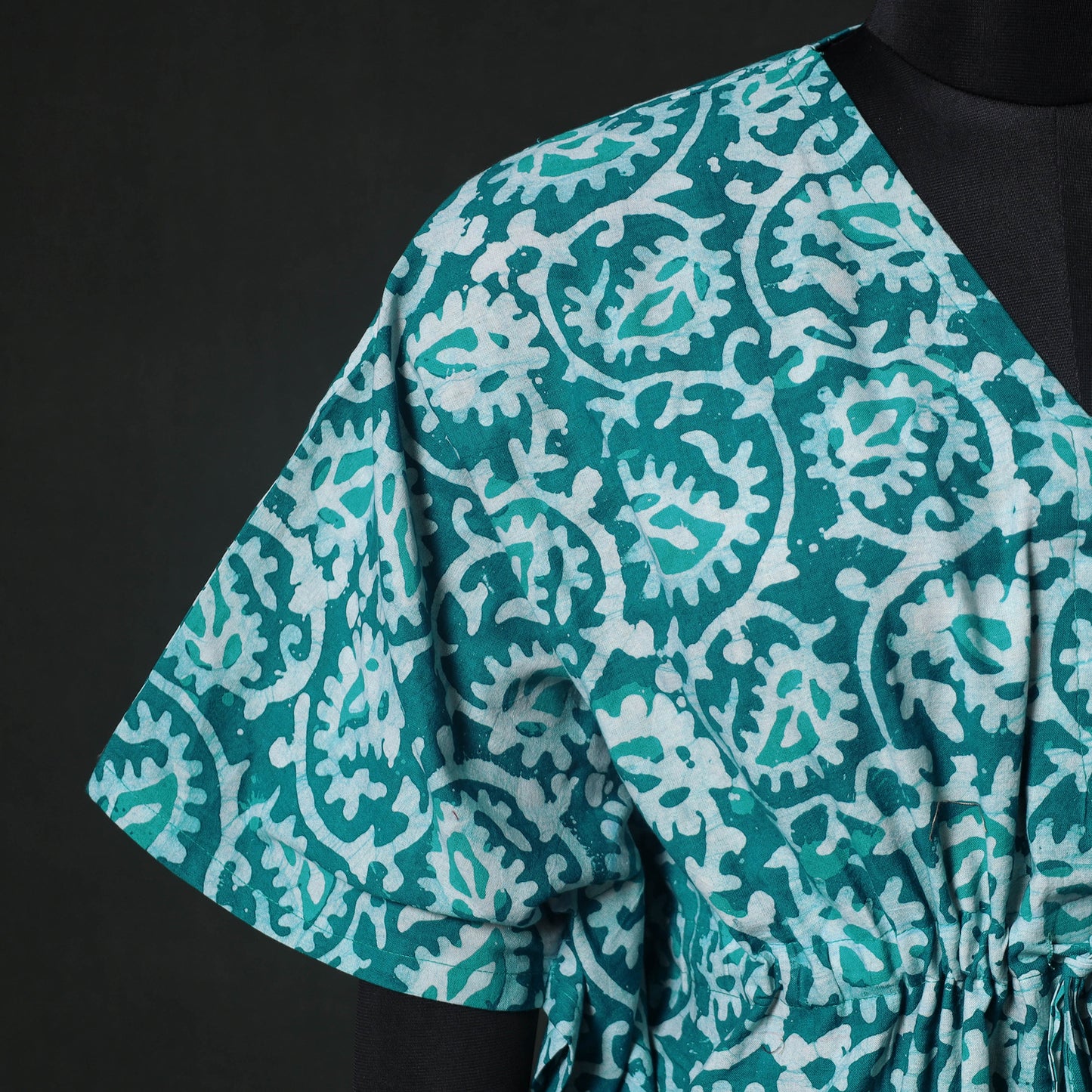 Green - Hand Block Batik Print Cotton Kaftan (Short) 31