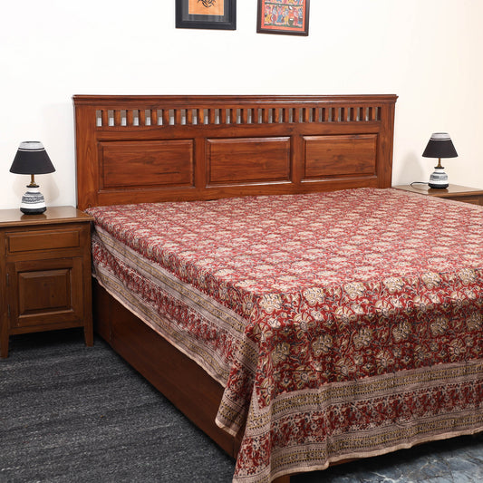 Red - Pedana Kalamkari Block Printed Cotton Double Bed Cover (111 x 91 in) 03