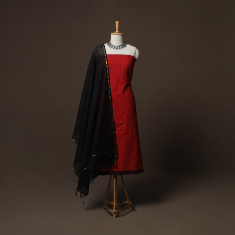 Red - Jacquard Woven Pure Cotton 3pc Unstitched Dress Material Suit Set 38