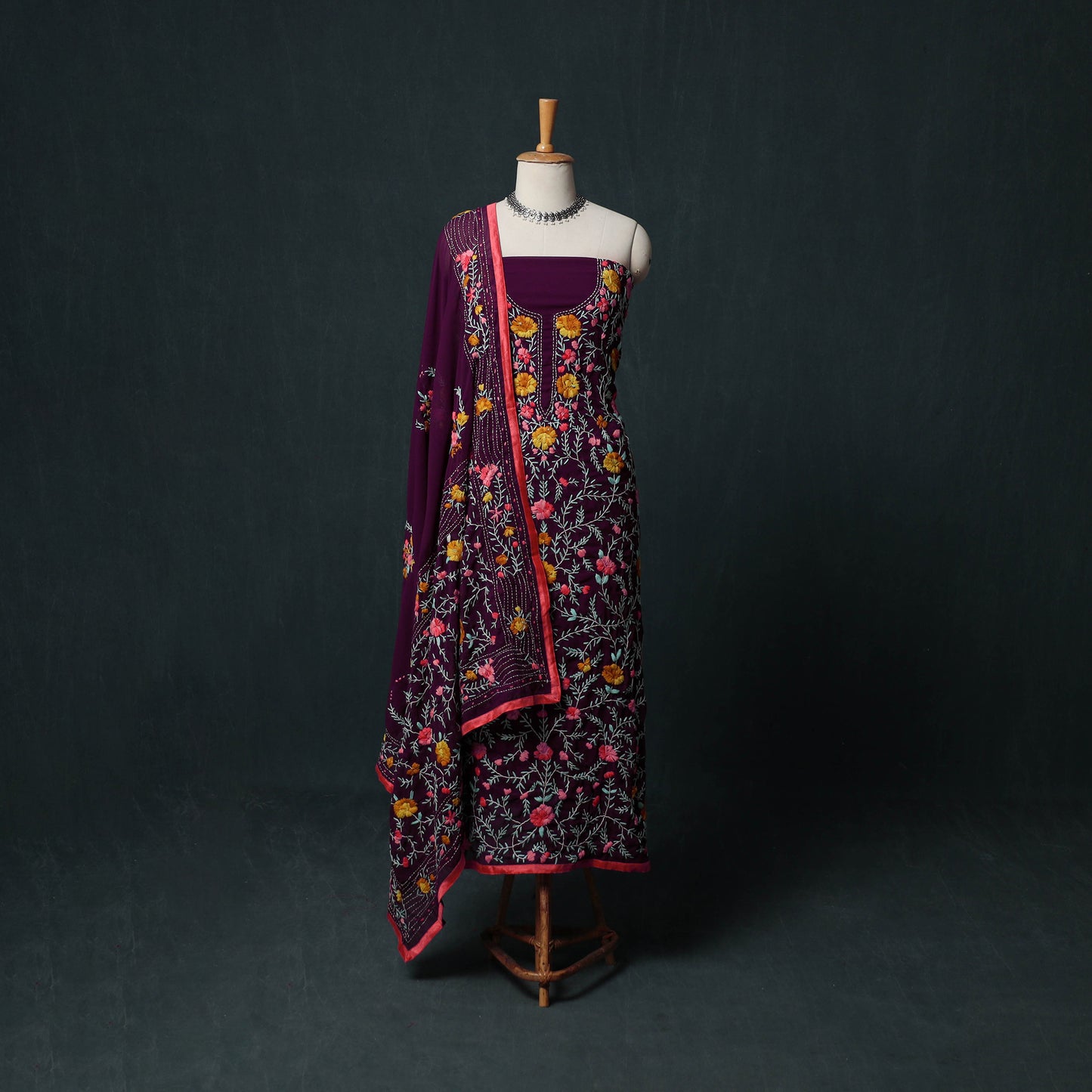 Hand Embroidered Georgette 3pc Unstitched Dress Material Suit Set 44