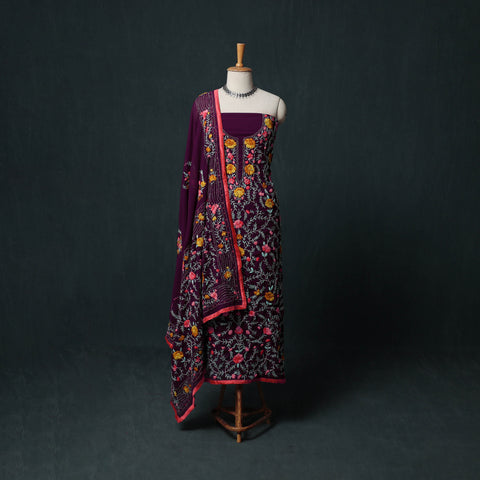 Purple - Hand Embroidered Georgette 3pc Unstitched Dress Material Suit Set 44
