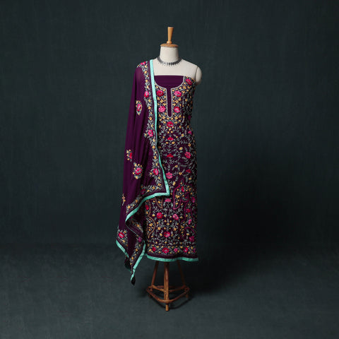 Purple - Hand Embroidered Georgette 3pc Unstitched Dress Material Suit Set 45