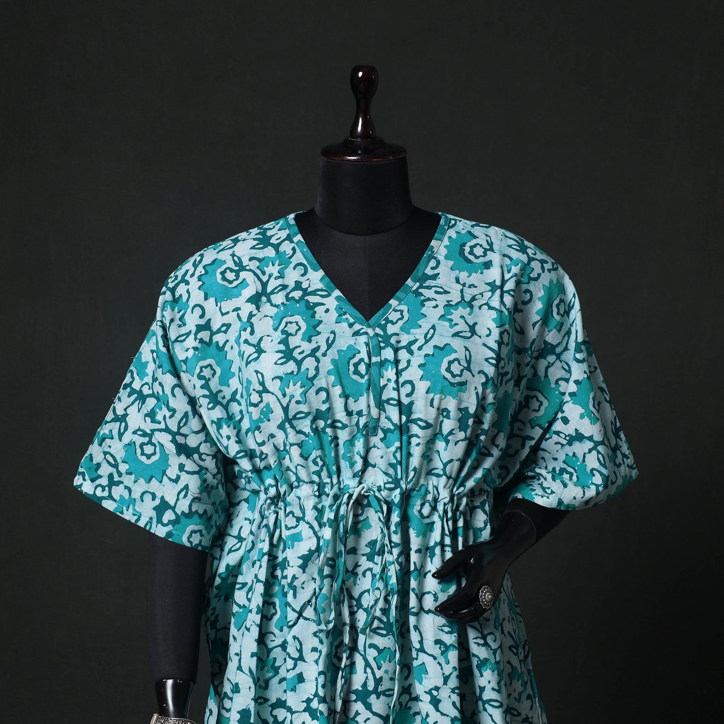 Green - Hand Block Batik Print Cotton Kaftan (Short) 40