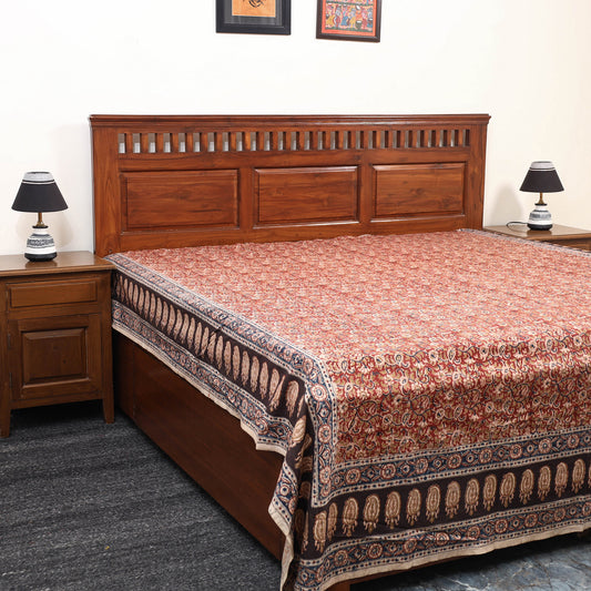 Red - Pedana Kalamkari Block Printed Cotton Double Bed Cover (111 x 91 in) 10