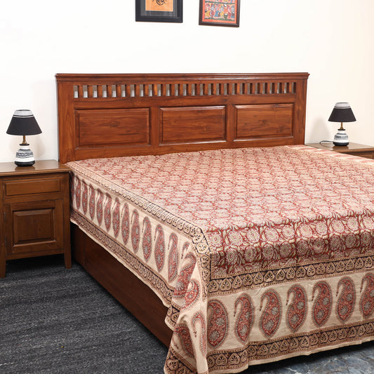 Red - Pedana Kalamkari Block Printed Cotton Double Bed Cover (111 x 91 in) 11