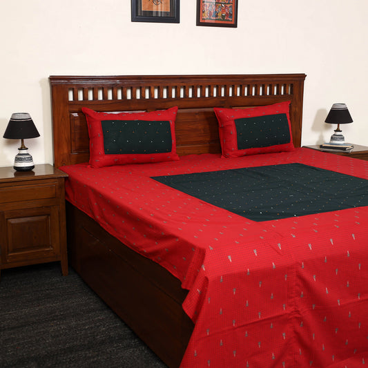 Red - Jacquard Patchwork Cotton Double Bed Cover with Pillow Covers (108 x 83 in) 19