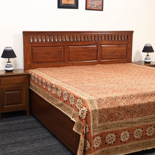 Orange - Pedana Kalamkari Block Printed Cotton Double Bed Cover (111 x 91 in) 13