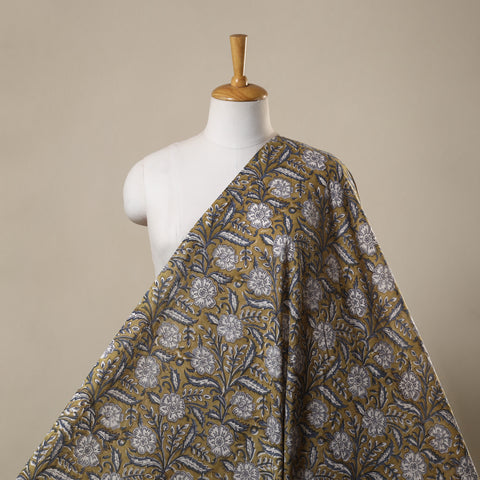 Yellow Block Print Cotton Sanganeri Fabric