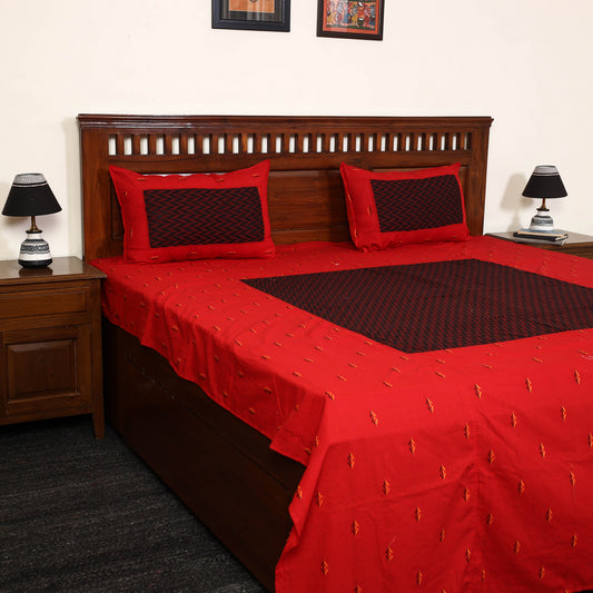 Red - Jacquard Patchwork Cotton Double Bed Cover with Pillow Covers (108 x 83 in) 22