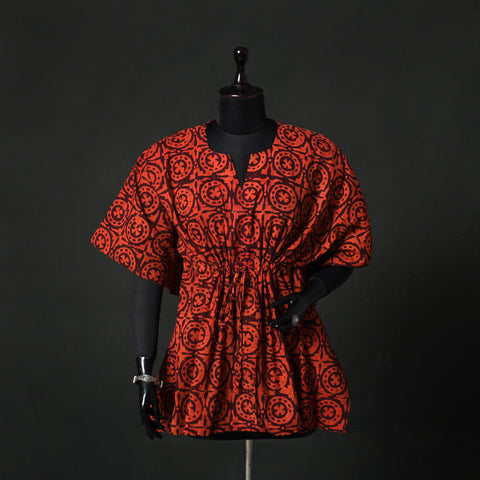 Red - Hand Block Batik Print Cotton Kaftan (Short) 46