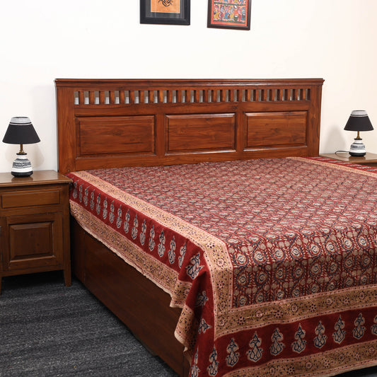 Red - Pedana Kalamkari Block Printed Cotton Double Bed Cover (111 x 91 in) 17