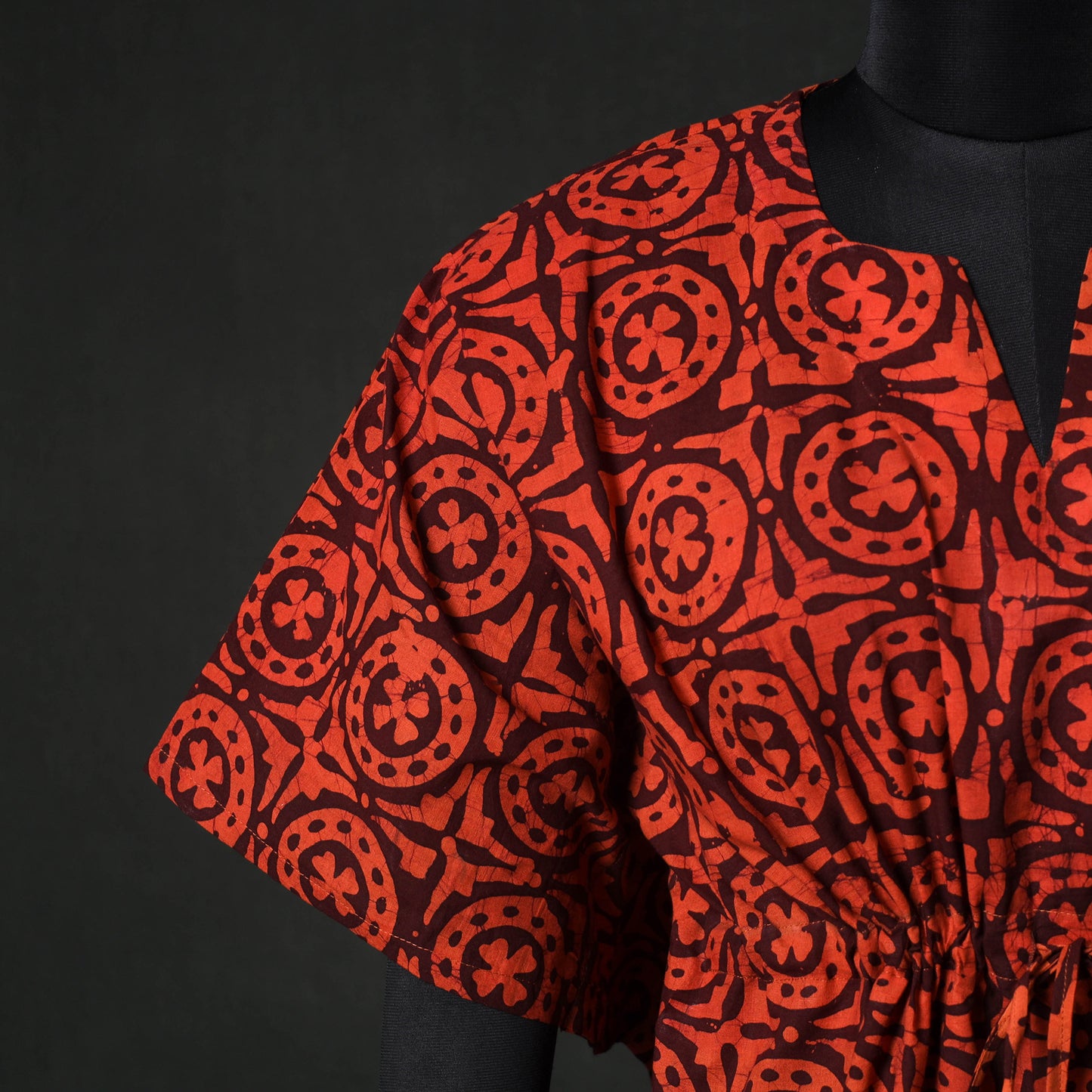 Red - Hand Block Batik Print Cotton Kaftan (Short) 46
