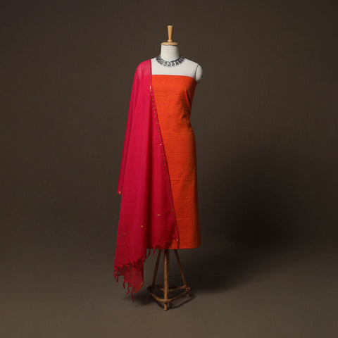 Orange - Jacquard Woven Pure Cotton 3pc Unstitched Dress Material Suit Set 47