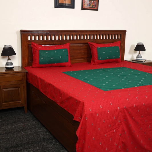 Red - Jacquard Patchwork Cotton Double Bed Cover with Pillow Covers (108 x 83 in) 24