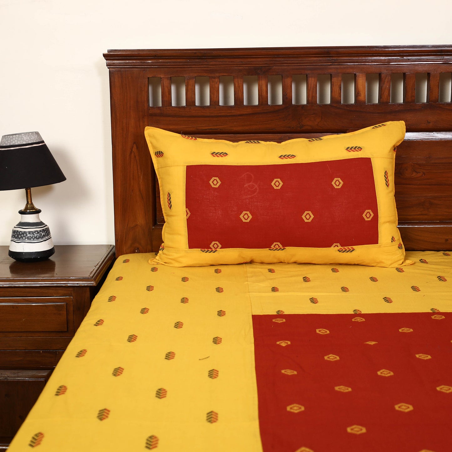 Yellow - Jacquard Patchwork Cotton Double Bed Cover with Pillow Covers (108 x 83 in) 25