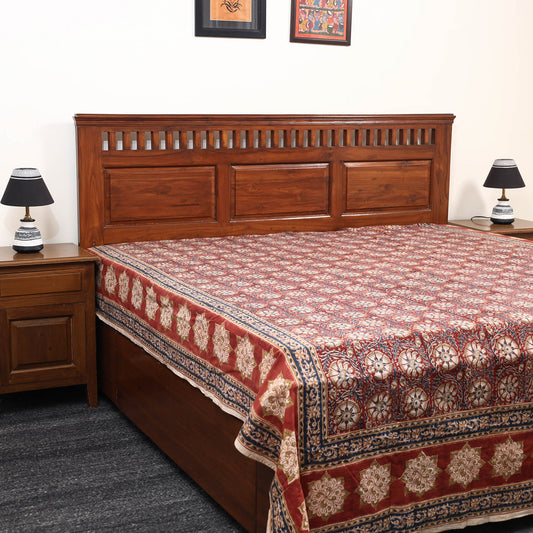 Red - Pedana Kalamkari Block Printed Cotton Double Bed Cover (111 x 91 in) 23