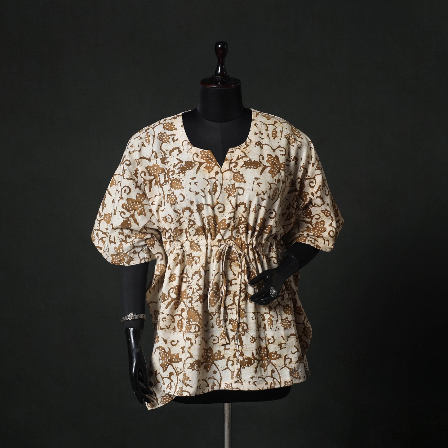 Beige - Hand Block Batik Print Cotton Kaftan (Short) 54
